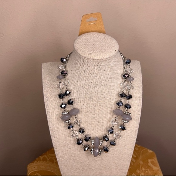 SILVER CHROME BEADED NECKLACE LAYERED CLASSIC CHROME - Picture 2 of 8